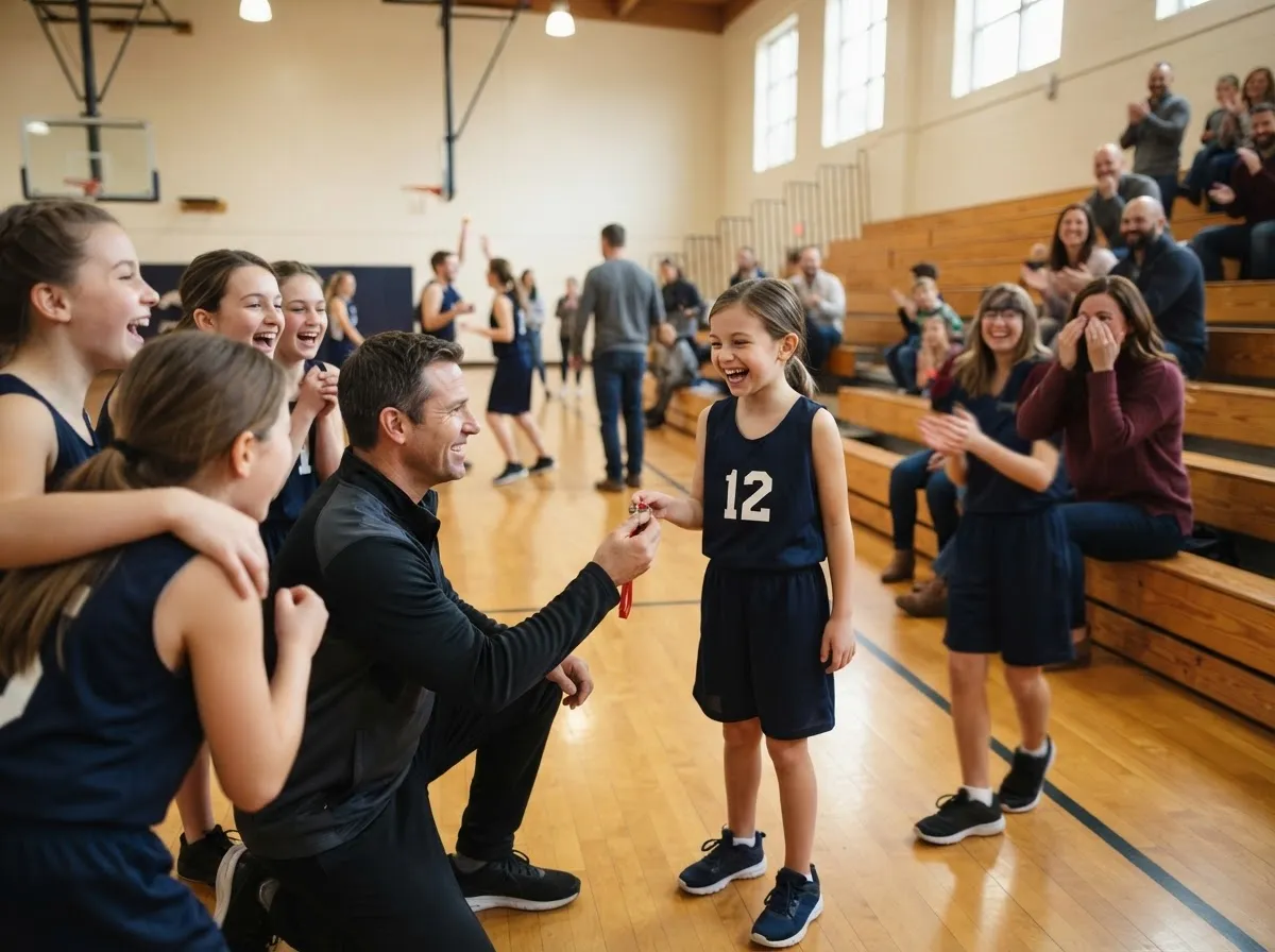 Coach embraces young basketball player during emotional senior night gymnasium celebration with parent watching.