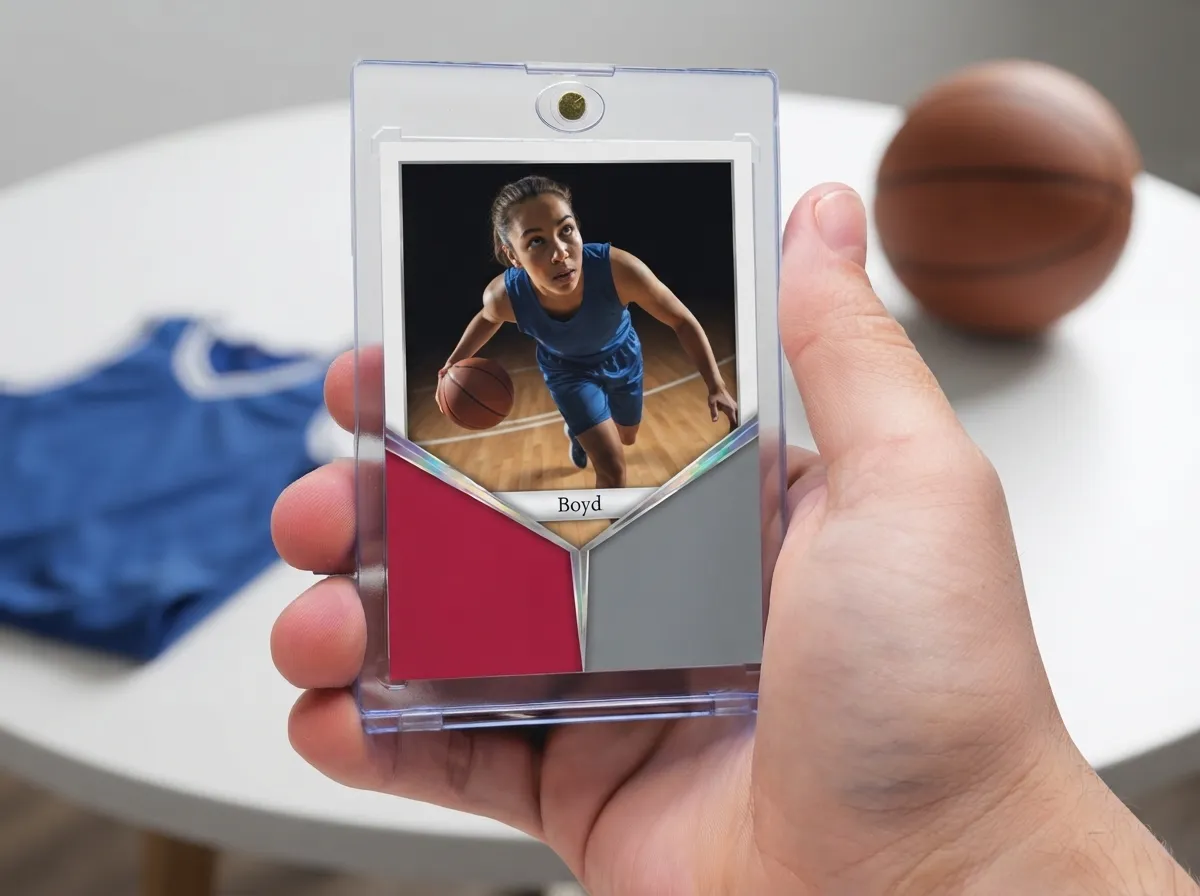 Custom basketball trading card in magnetic case with crimson chrome diagonal frame design.