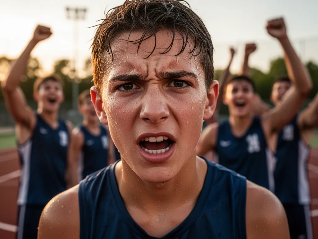 Young basketball player's focused face showing determination and emotion after successful scoring play