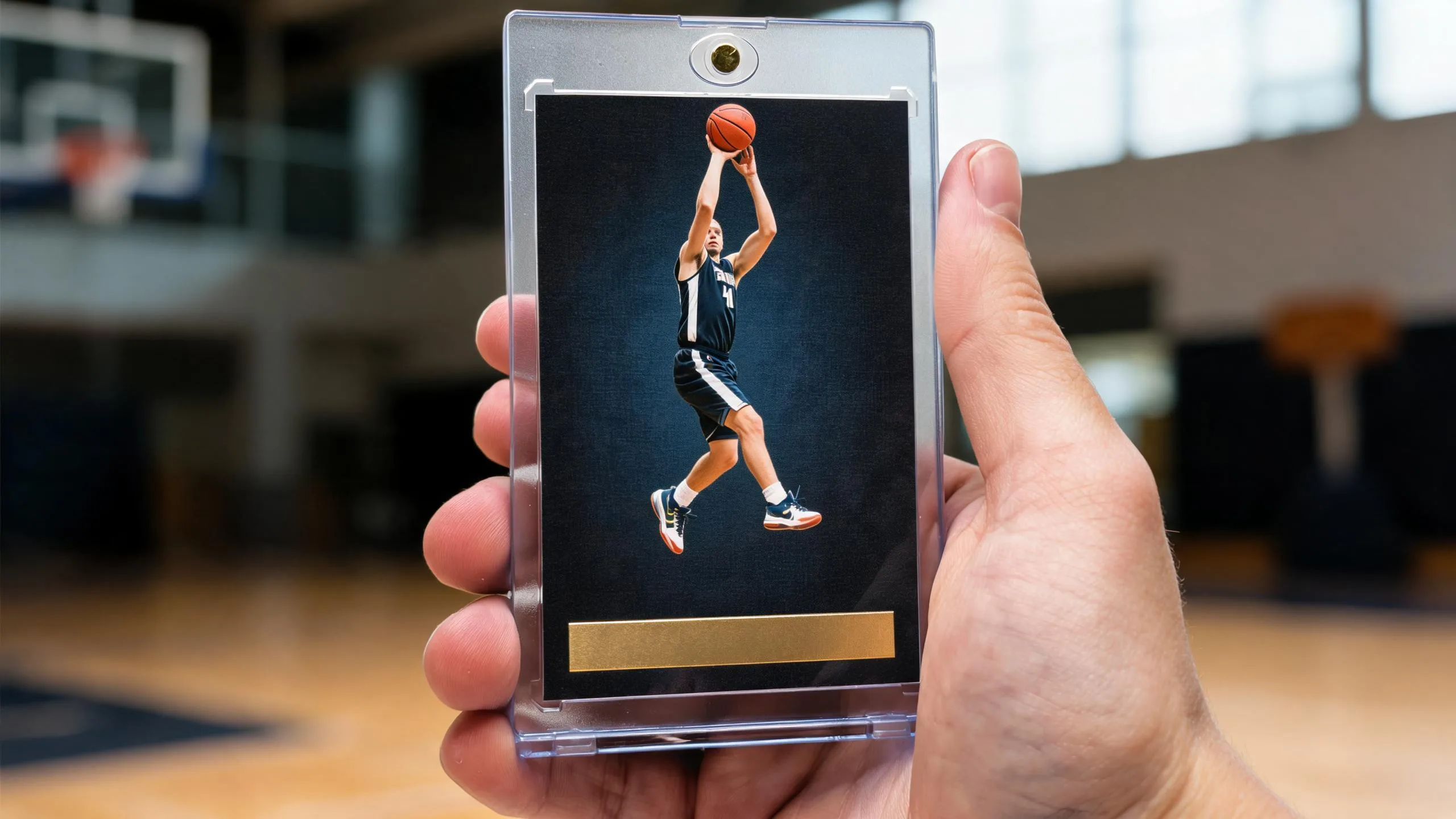 Hand holds magnetic case with custom card for basketball tournament in dallas this weekend showcase.