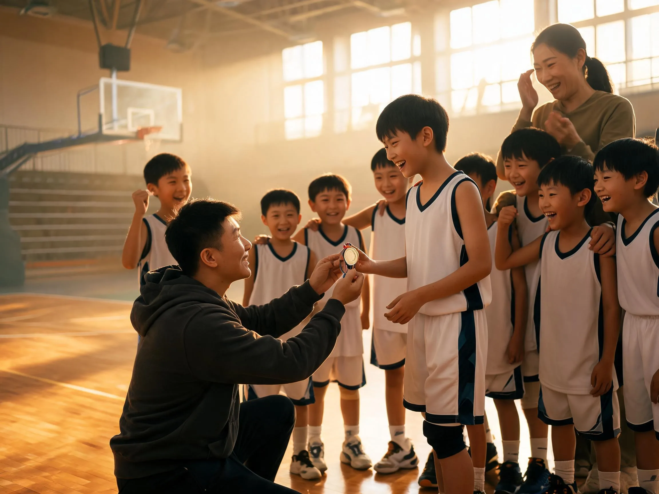 Coach and young athlete share proud celebration moment inside sunlit basketball gymnasium court.