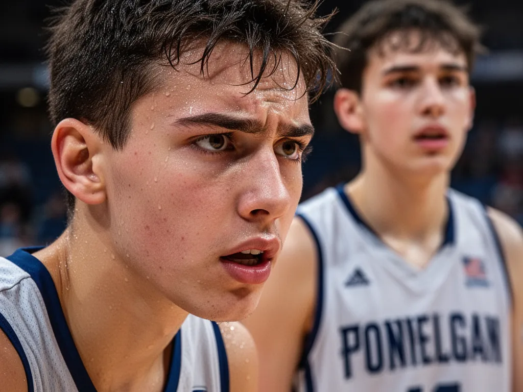 Young athlete's concentrated face showing determination during intense basketball tournament competition