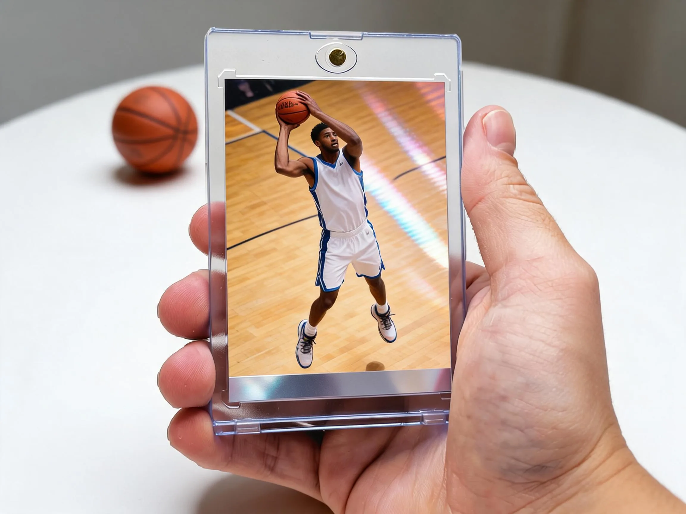 Custom basketball trading card in magnetic case displayed on white tabletop surface.