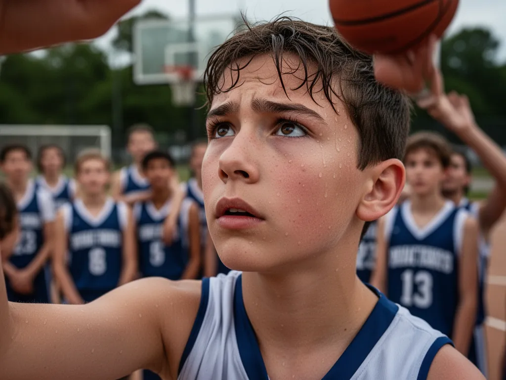 Young athlete concentrating intensely before taking free throw shot at tournament
