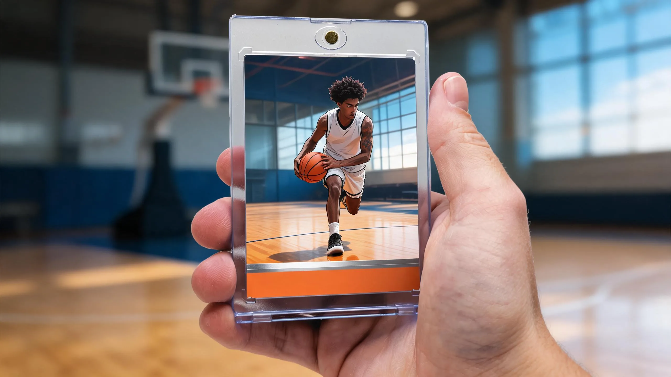 Hand holds magnetic case with basketball card, featuring basketball tournaments in Arizona this weekend.