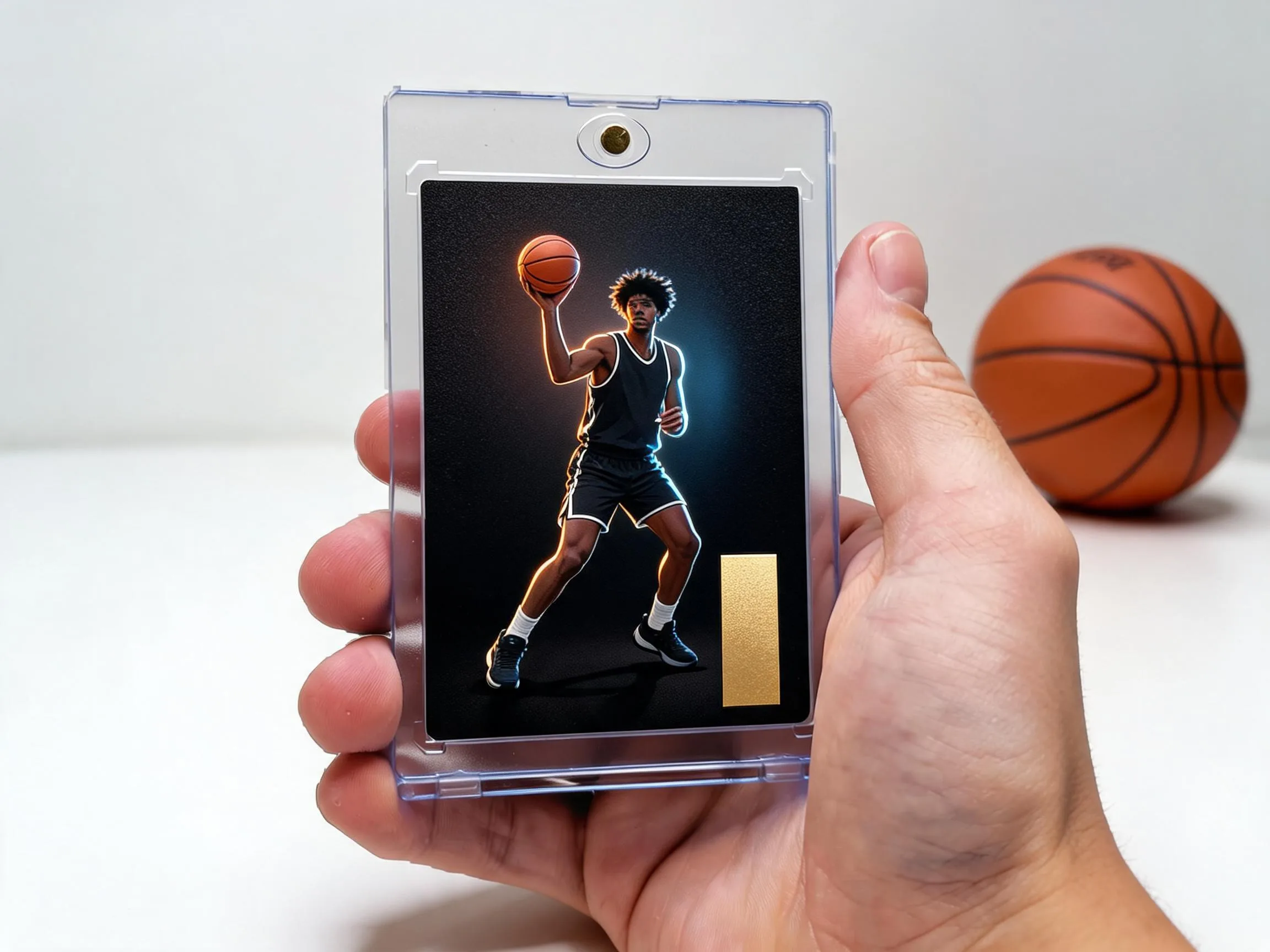 Custom basketball trading card in magnetic case displayed on white tabletop surface.