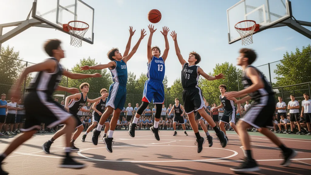 Young basketball players jumping for the ball during an outdoor tournament game with natural lighting