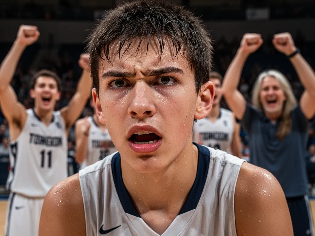 Close-up of determined young basketball player's face during tournament with supportive crowd blurred behind
