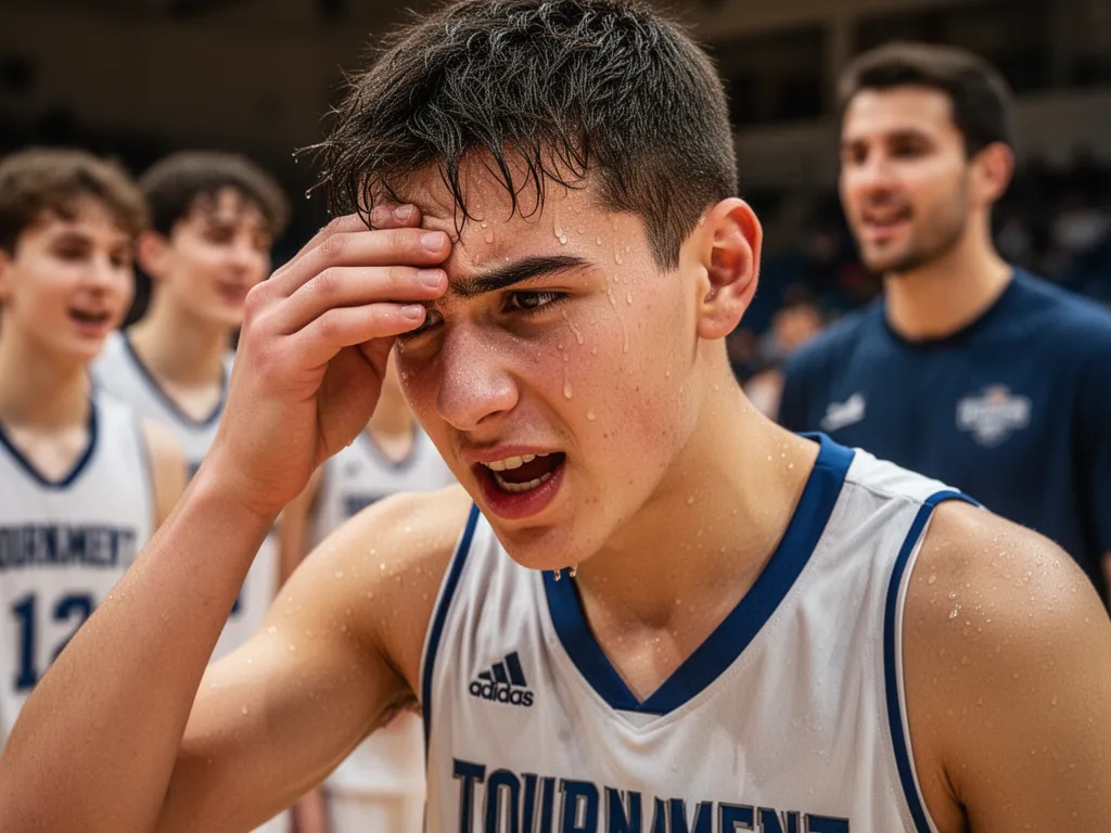 Young basketball player showing determination and emotion after competitive tournament game performance