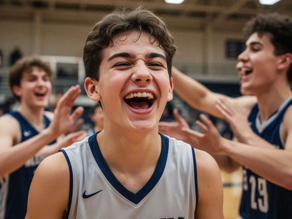 Young basketball player celebrating with genuine emotion and teammate support in gym