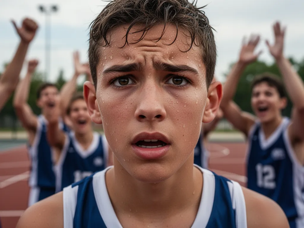 [Young basketball player's concentrated expression during game with supportive teammates visible in background]