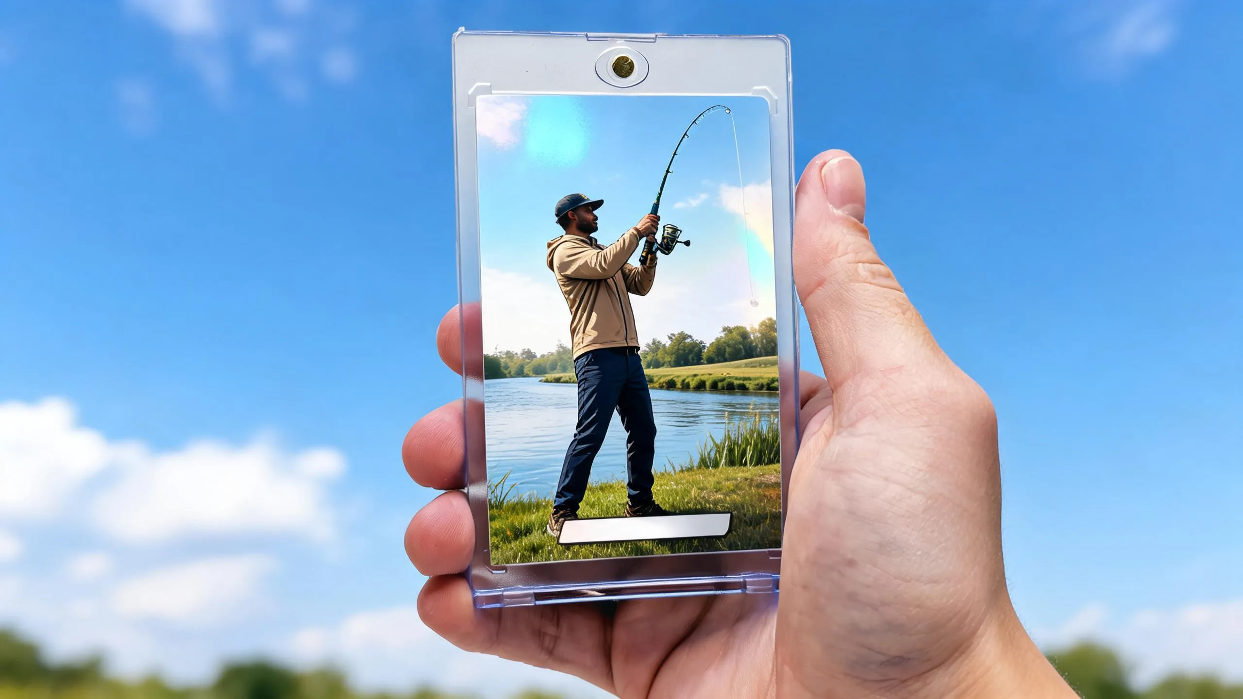 Hand holding magnetic acrylic case with angler card, for bass tournaments near me this weekend