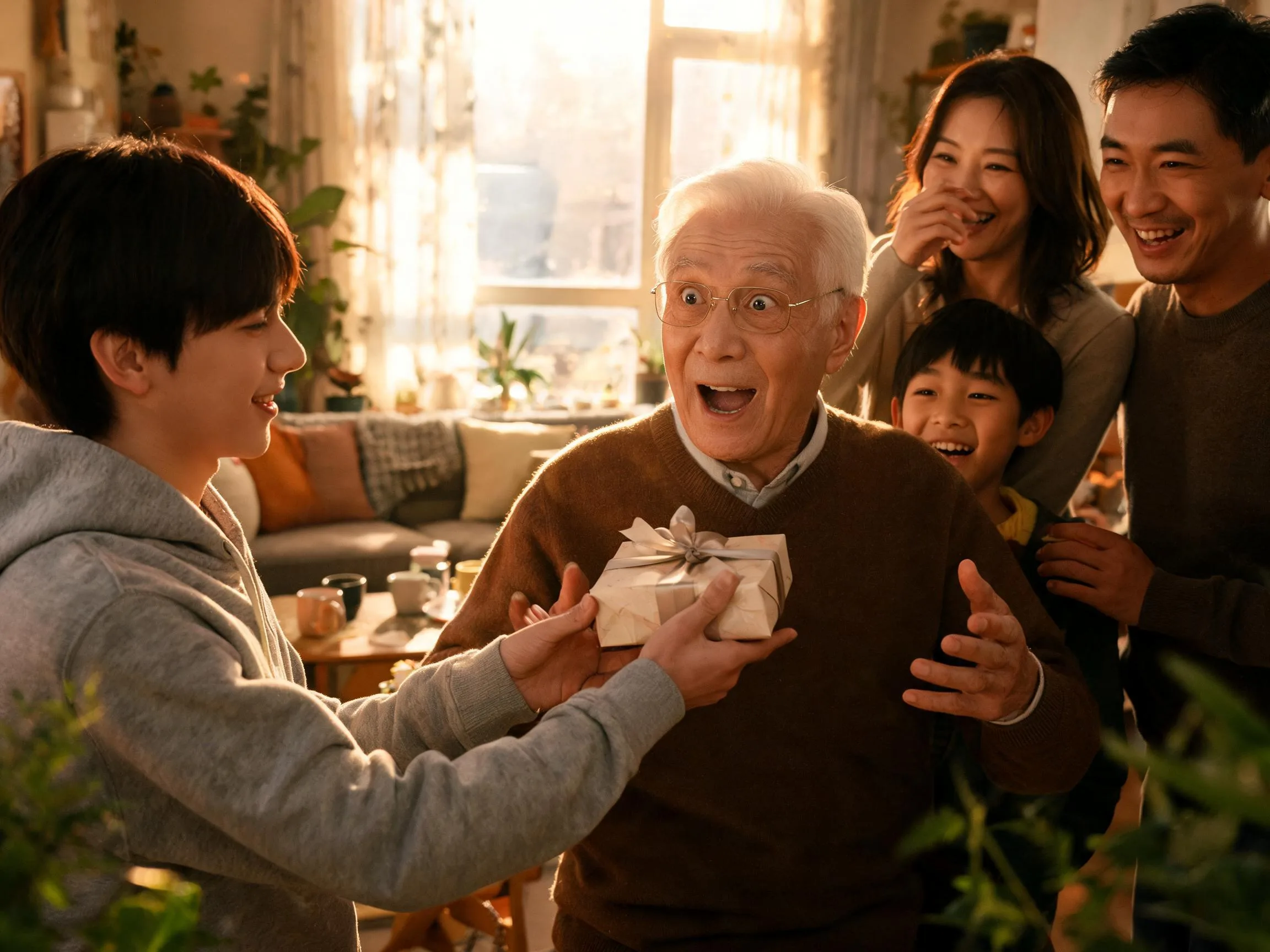Grandfather reacting with genuine surprise to an unexpected gift from family