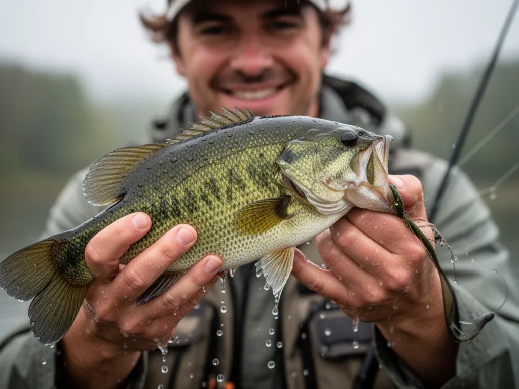 Angler proudly displaying freshly caught largemouth bass with genuine expression of achievement