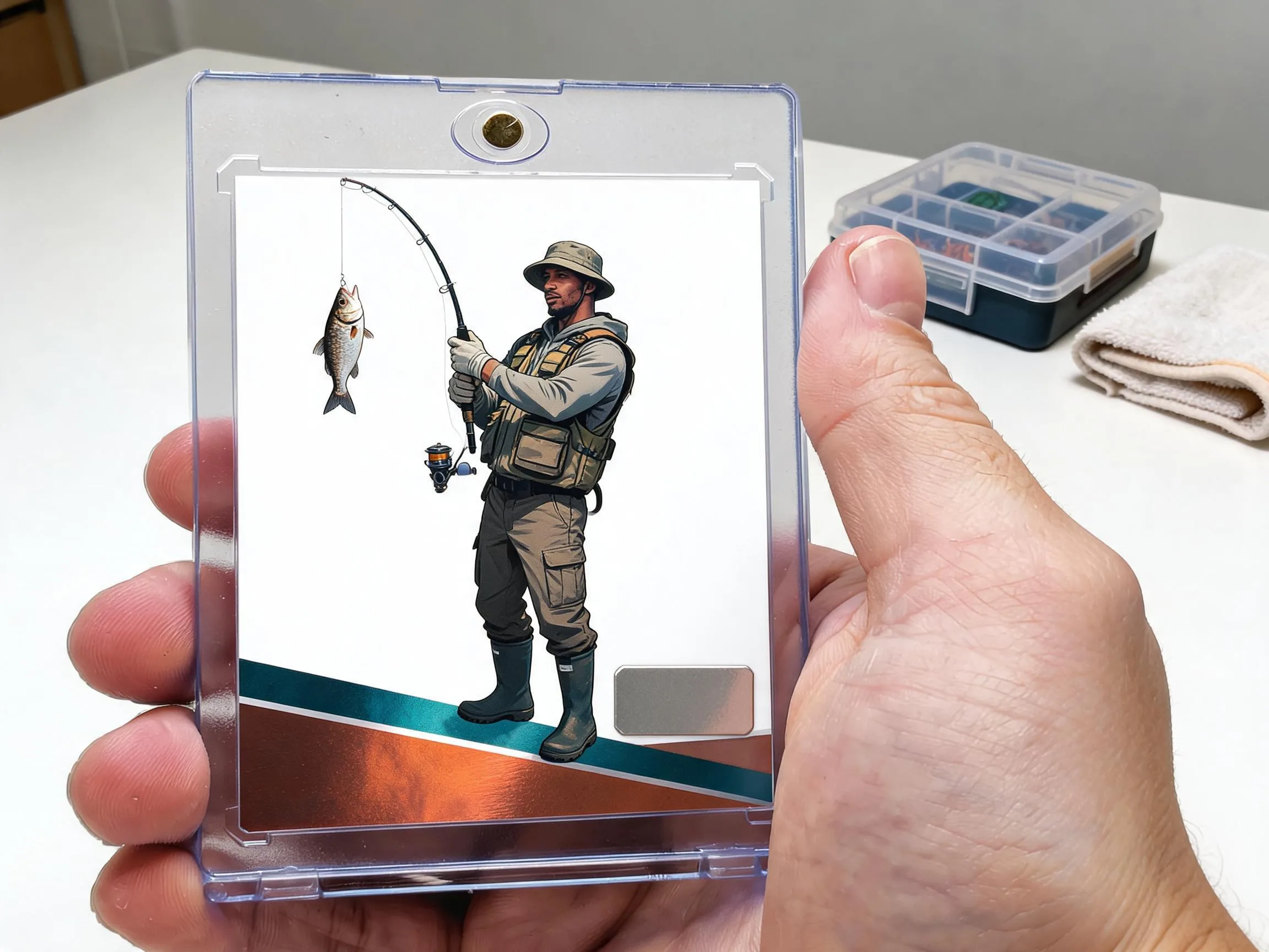 Custom keepsake trading card of an angler in a magnetic protective case display