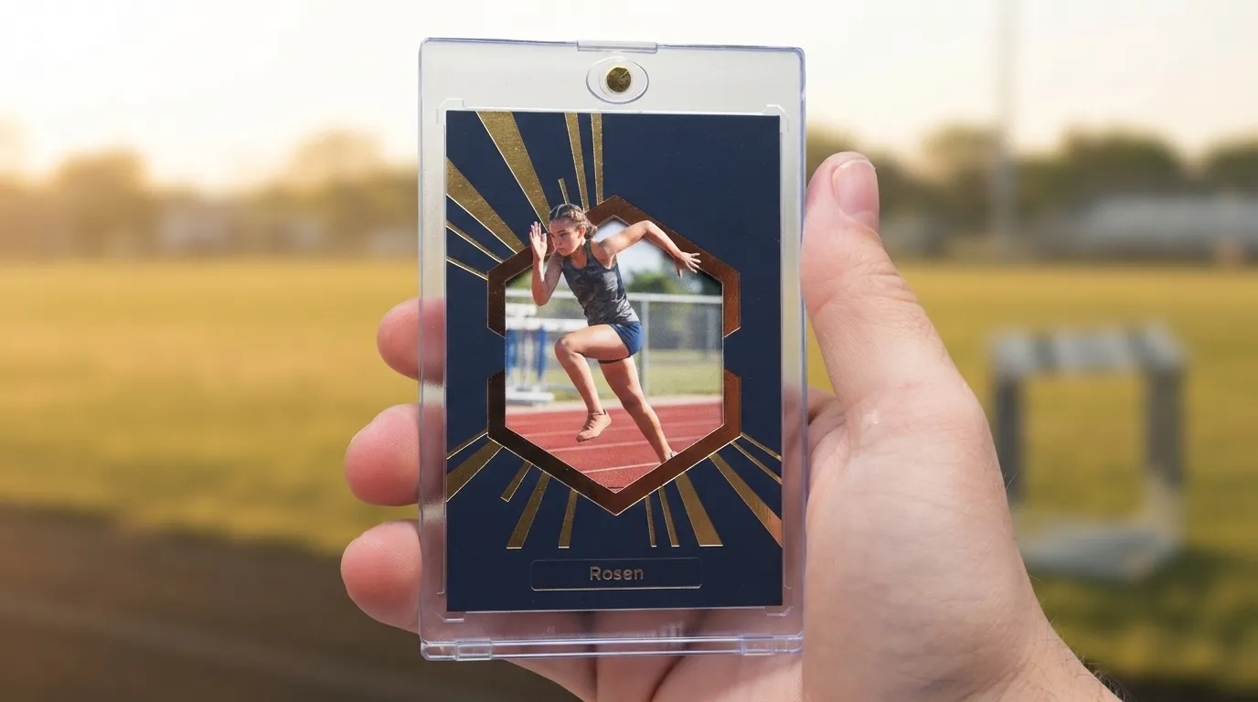 Hand holding magnetic case with gold-foil bat mitzvah gift sports trading card of running athlete.