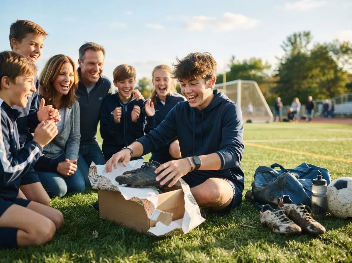 Teenager smiling in surprise while unwrapping a gift on a sunny athletic field with family.