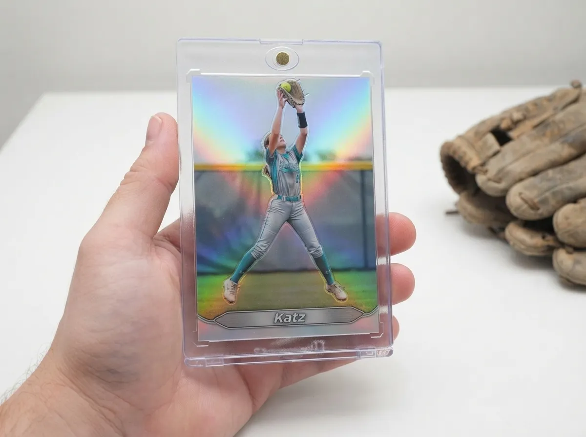 Magnetic case holding chrome-finish custom sports trading card, a bat mitzvah gift for young athletes.
