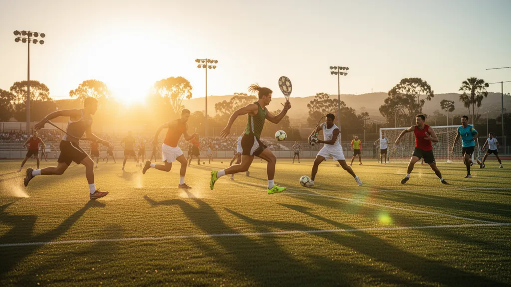 Multiple Bay Area athletes compete in various sports across sunlit outdoor field during golden hour