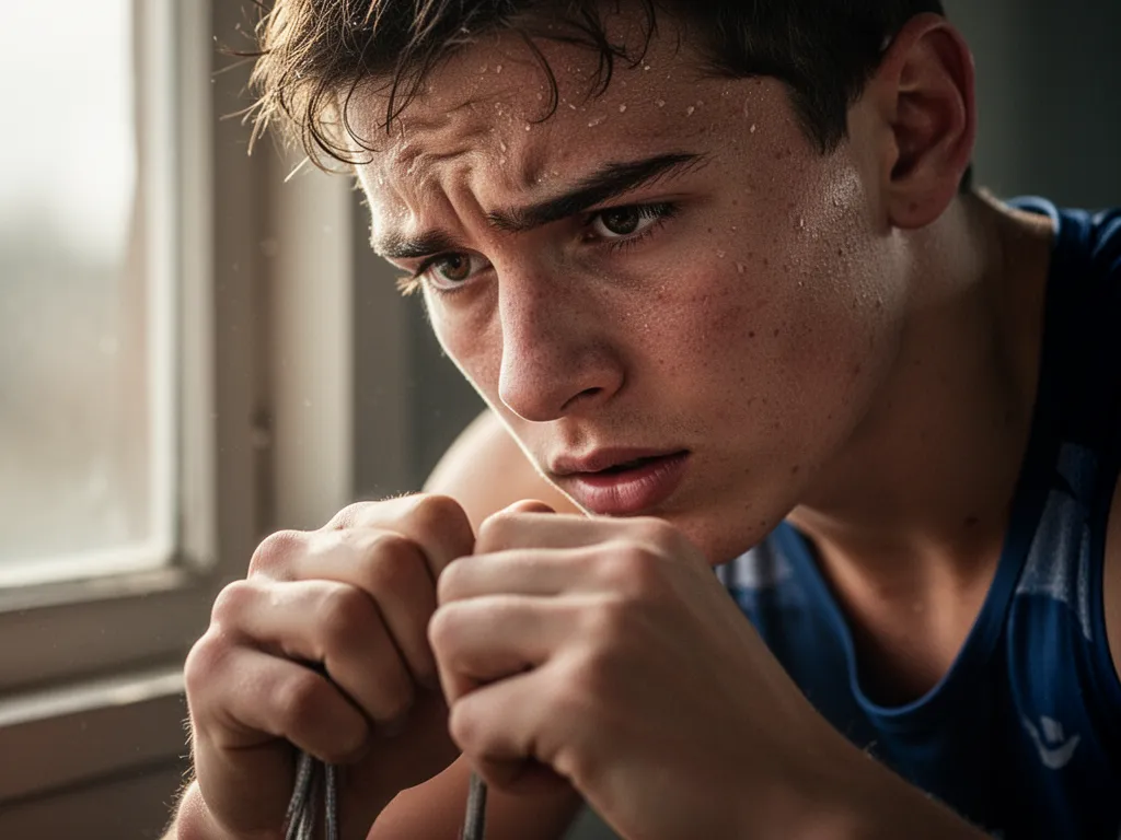 Young athlete's concentrated face and hands in close-up before competition moment with natural lighting