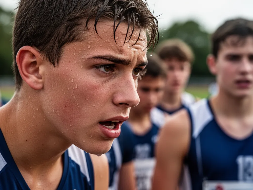 Young athlete's concentrated face showing determination during outdoor competition with teammates nearby