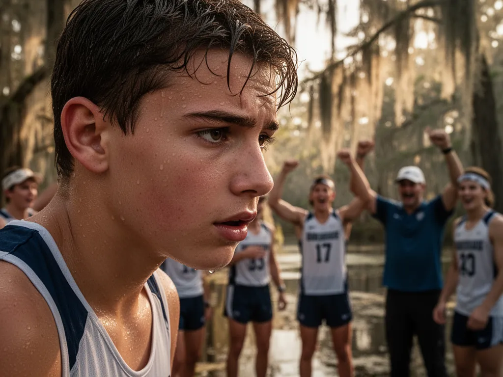 Young athlete's concentrated face showing determination during bayou competition with blurred celebratory teammates behind