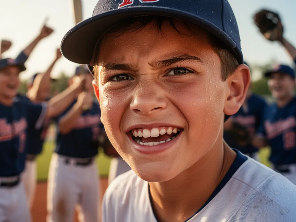 Young baseball player beaming with pride after successful hit, teammates celebrating in soft-focused background