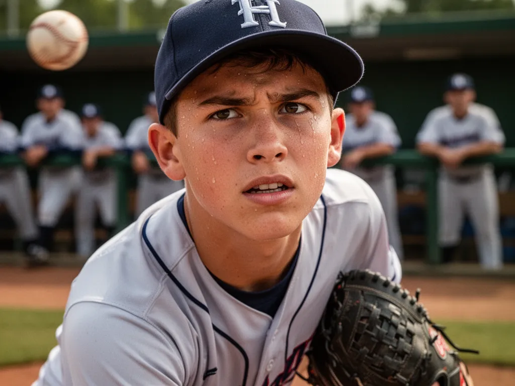 [Young pitcher's focused expression mid-throw during baseball game competition]