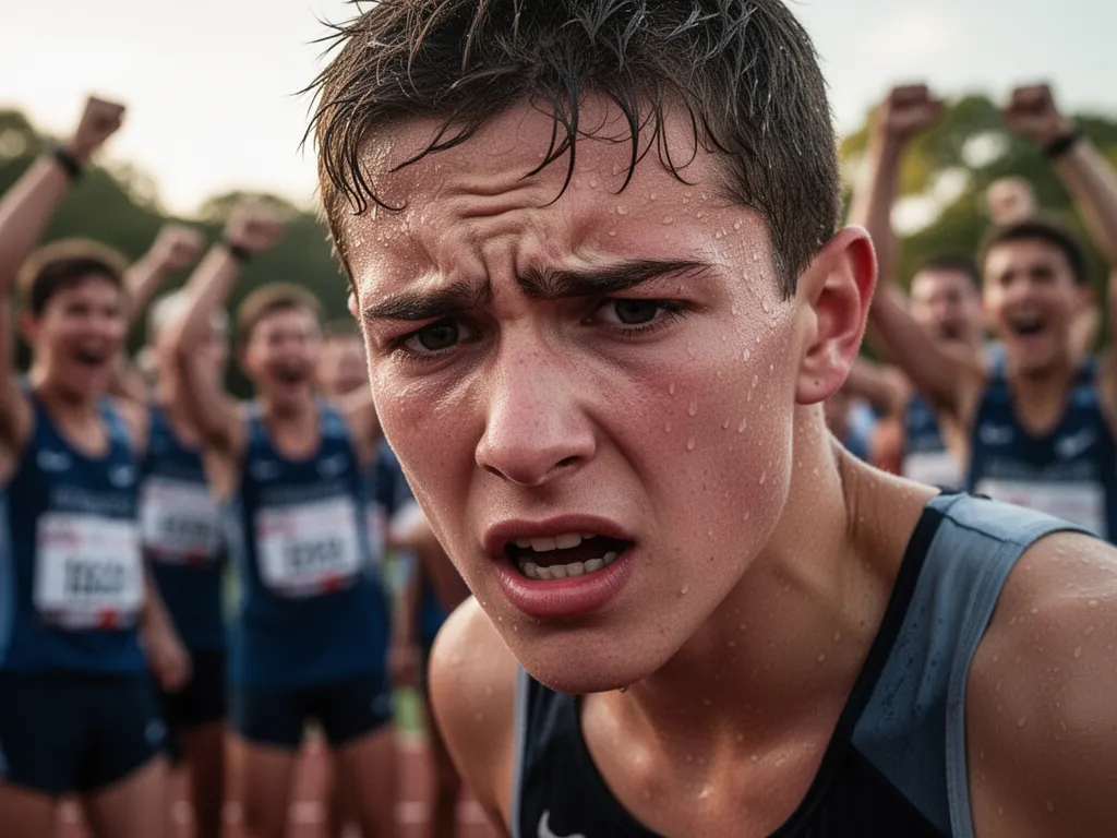 Young athlete's face showing determination and emotion after completing competitive race event