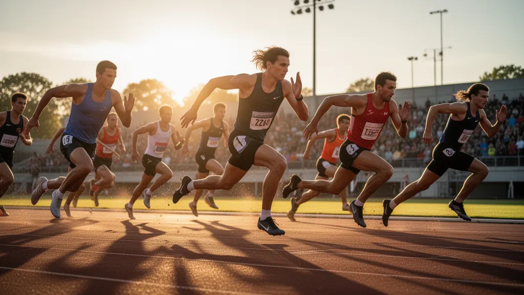Multiple athletes in motion competing outdoors during golden hour lighting with dynamic energy and intensity
