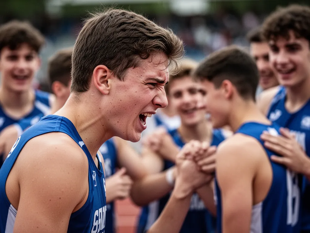 Young athlete displaying intense focus and determination with blurred teammates and supporters in background