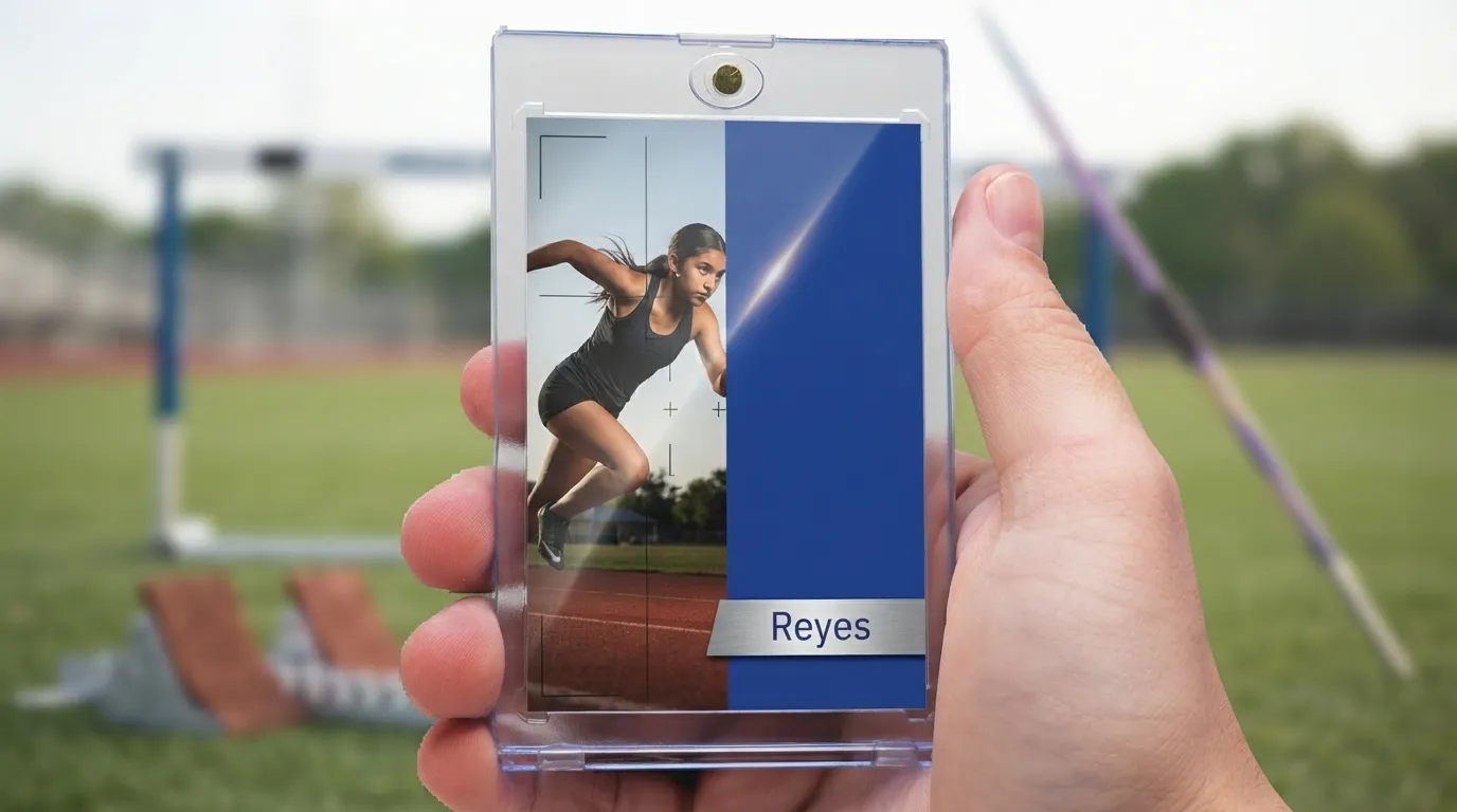 Hand holding magnetic case with beginner camera for sports photography trading card, action photo design.