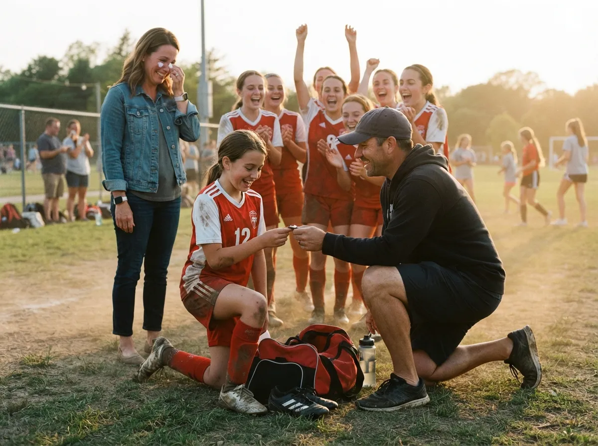 Coach and proud parent celebrate with young athlete on sunlit sports field.