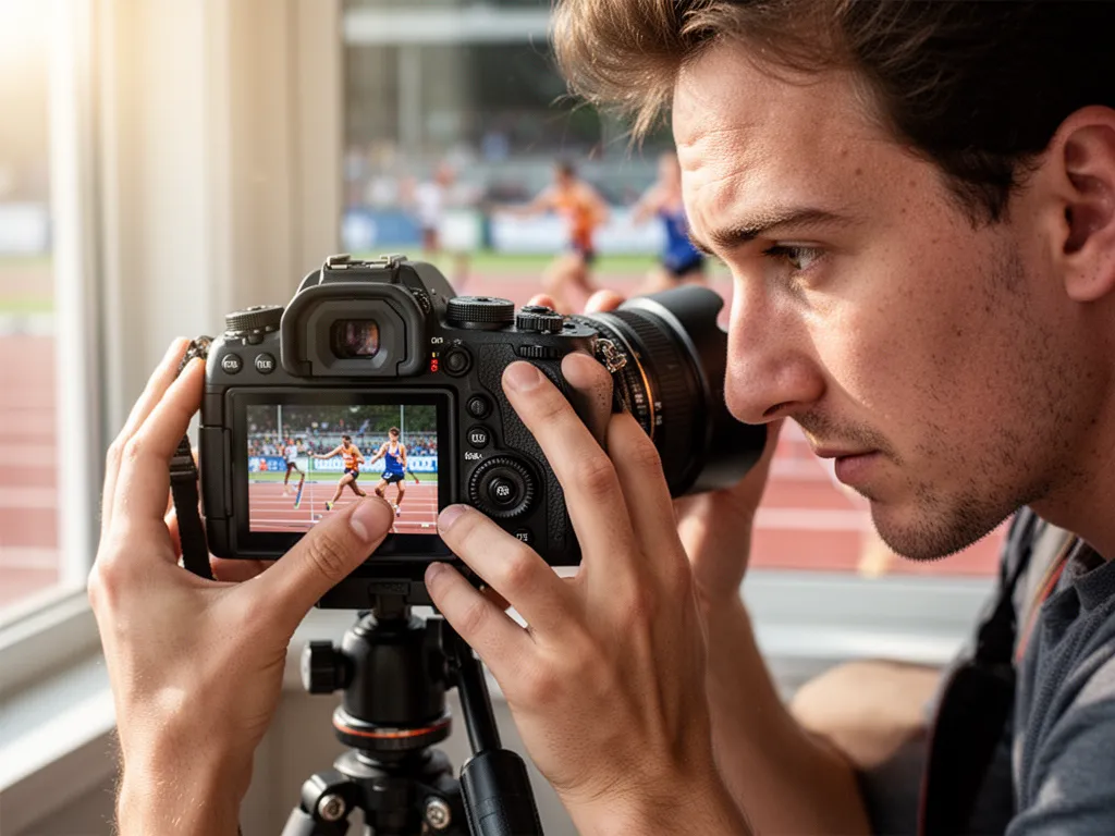 Photographer's hands adjusting camera settings while focusing on athletes competing in background.