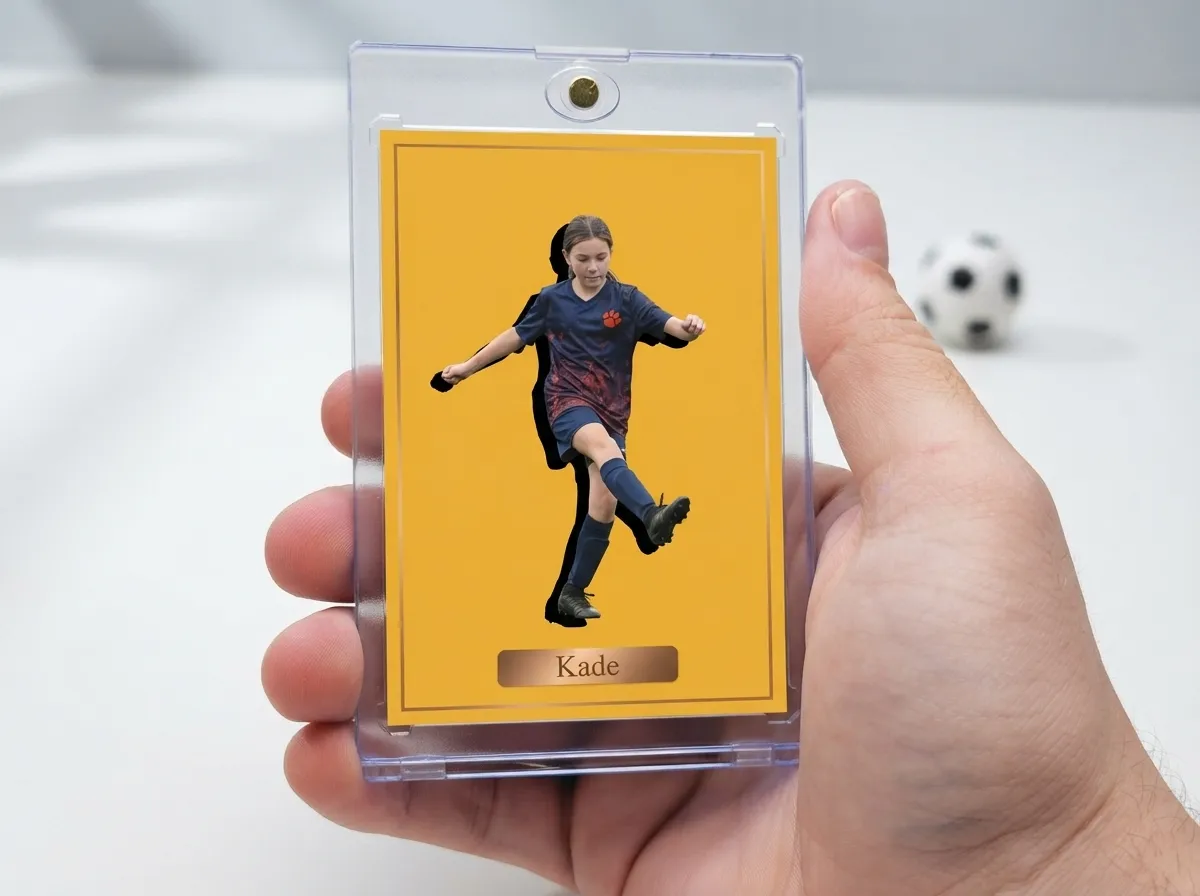 Custom sports trading card in clear magnetic case standing on white tabletop shelf.