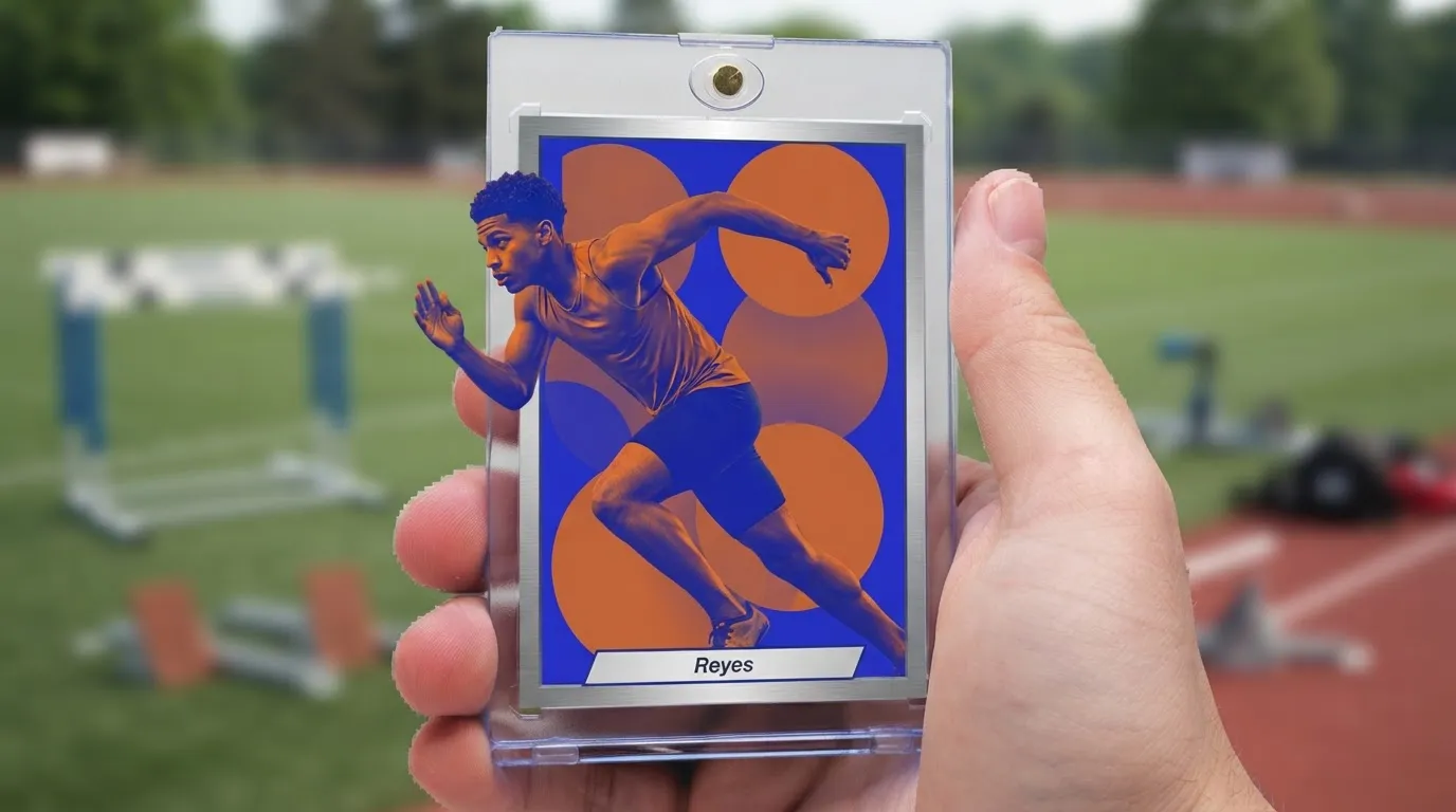Hand holds beginner sports photography camera trading card in magnetic case, duotone sprinter design.