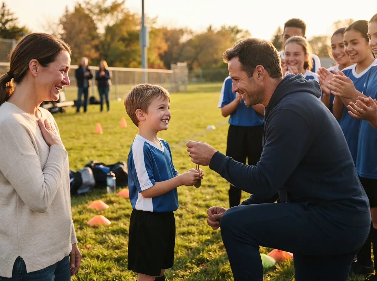 Coach and young athlete share proud emotional moment on sunny sports field with teammates.