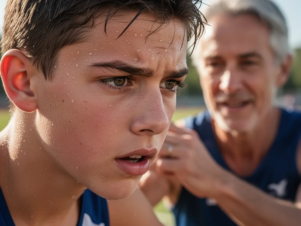 Young athlete's concentrated face during competition with supportive adult visible in soft-focused background