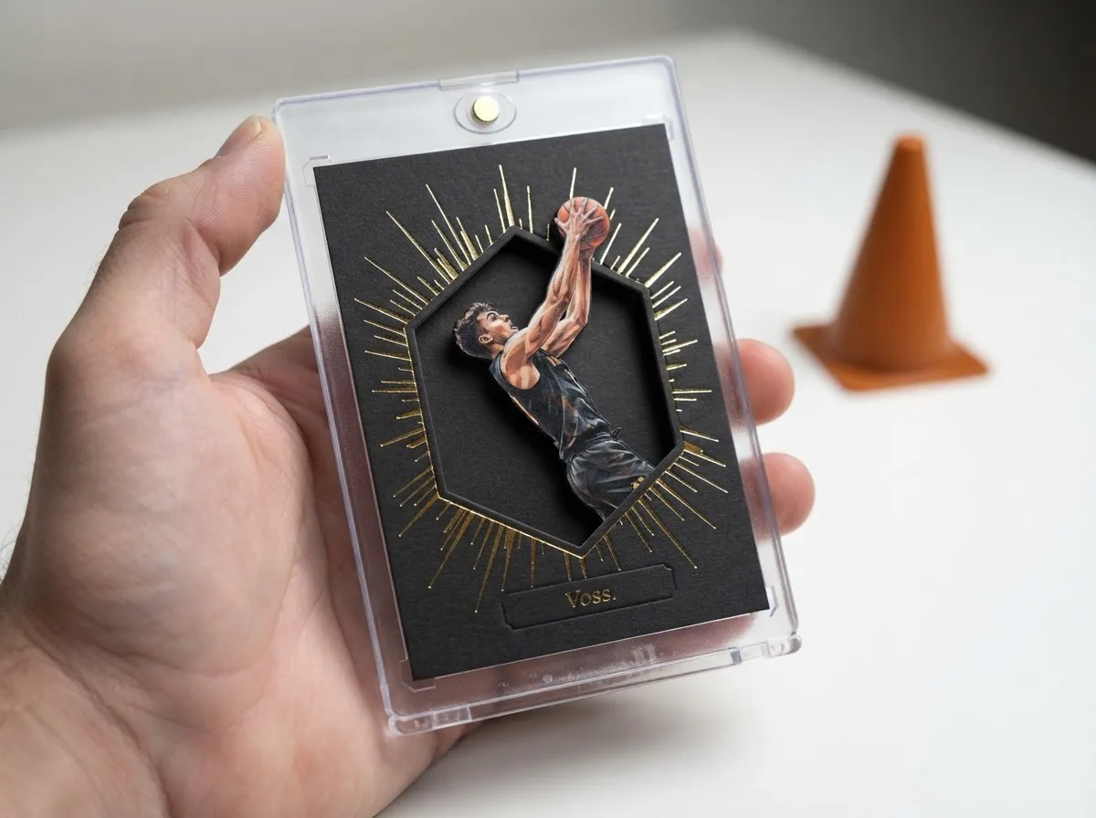 Custom sports trading card in magnetic case, gold foil burst design around basketball player.
