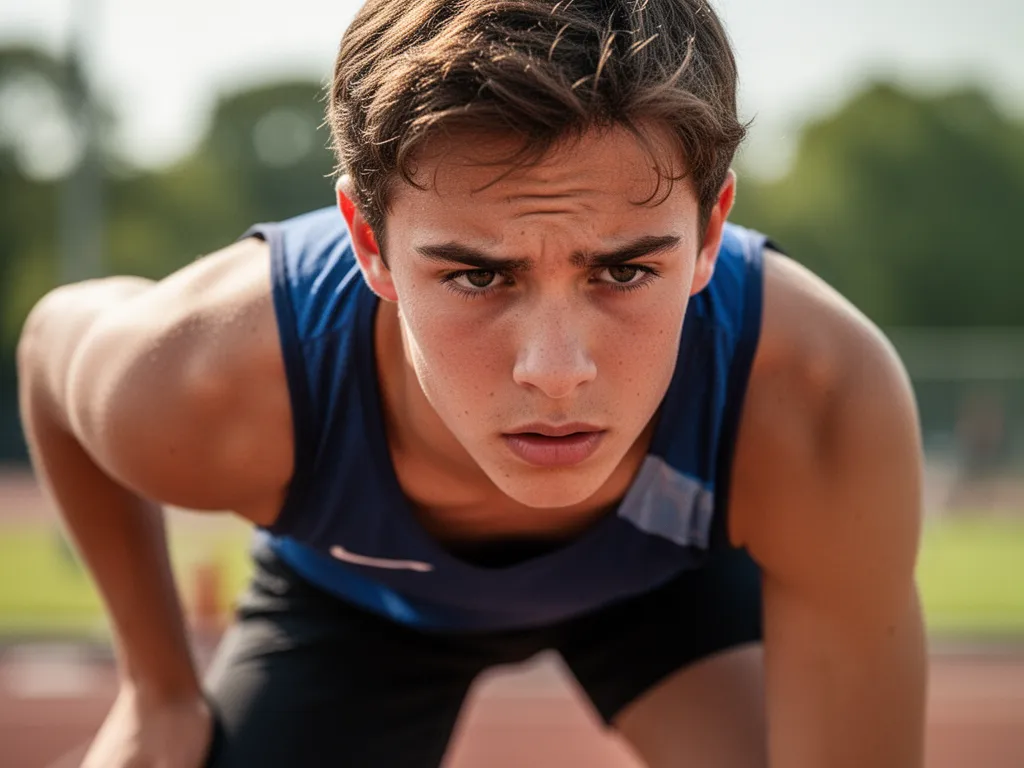 Young athlete displaying focused expression and determined body posture during competitive sporting moment