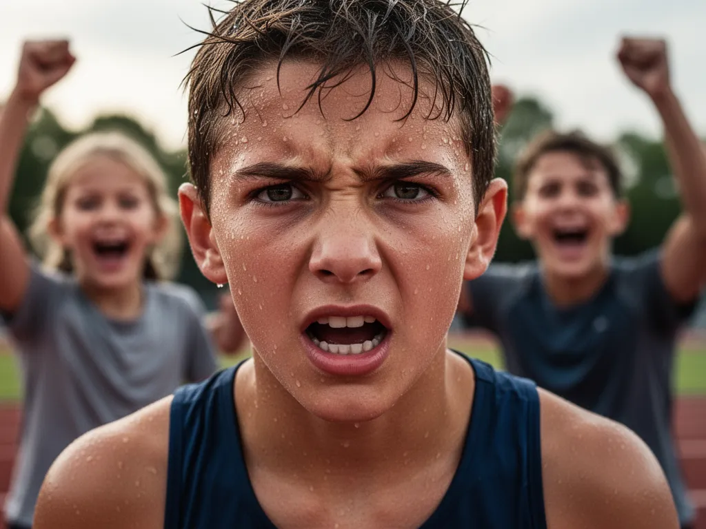 [Determined young athlete's sweaty face showing emotion and dedication after intense competitive physical effort]