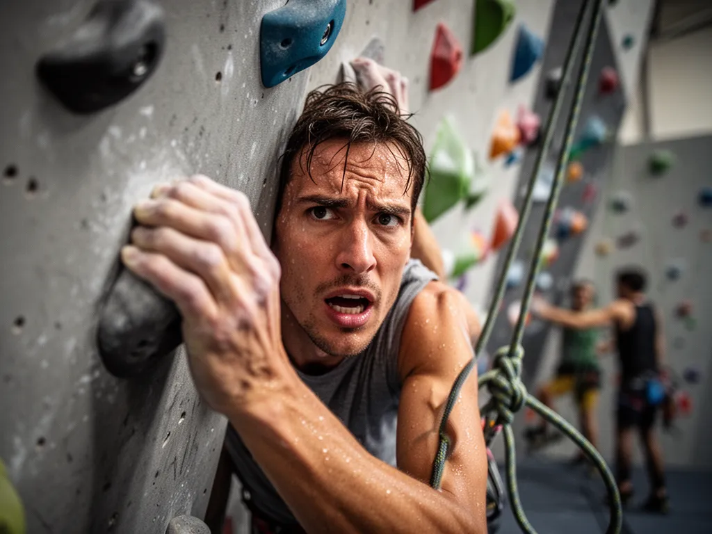 Close-up of rock climber's focused face showing intense determination during challenging climb