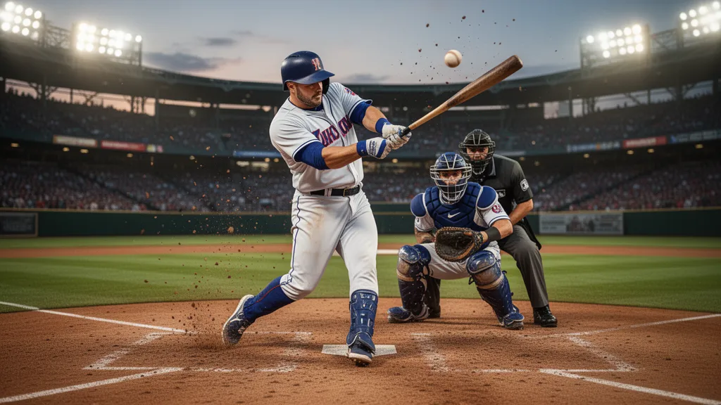 Baseball player mid-swing connecting with pitch during evening game with dynamic motion and stadium atmosphere