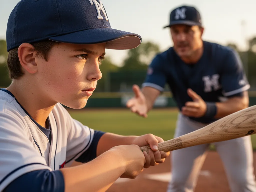 Young baseball player's focused expression gripping bat with coach visible providing instruction in background