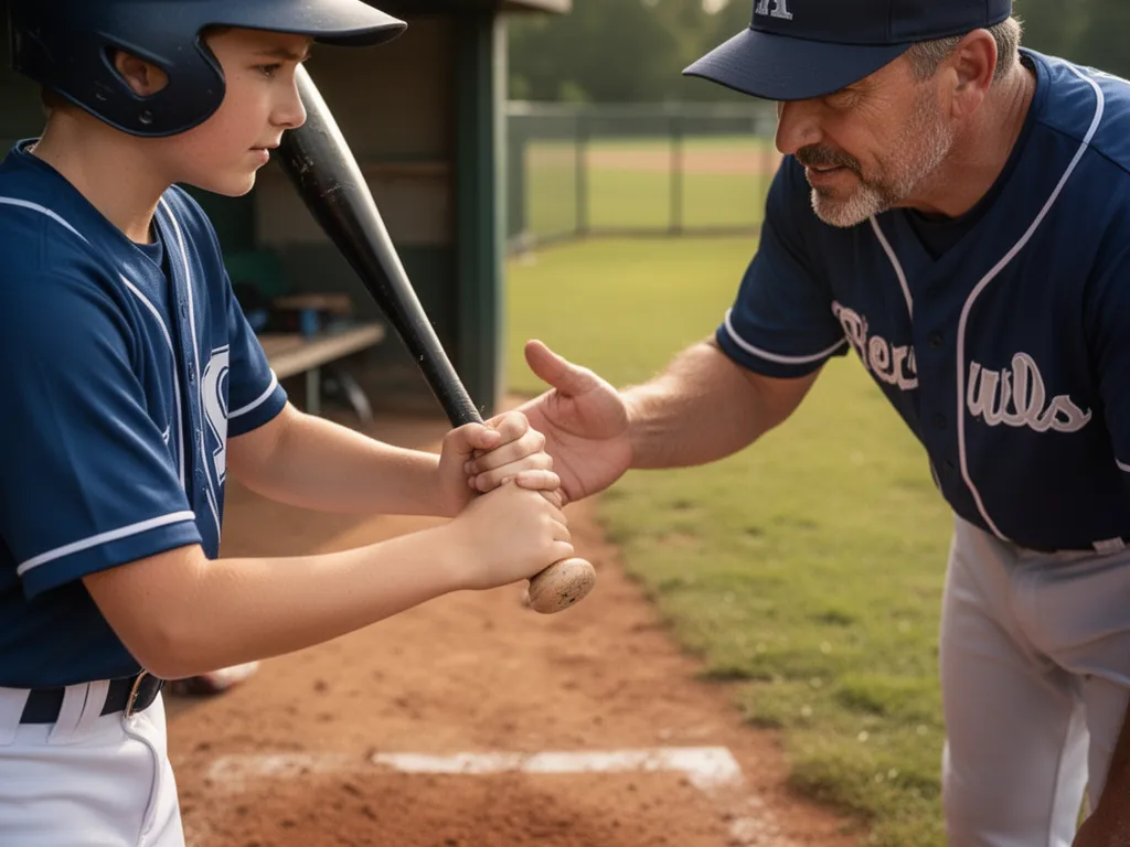 Young baseball player receiving coaching instruction from mentor in dugout setting
