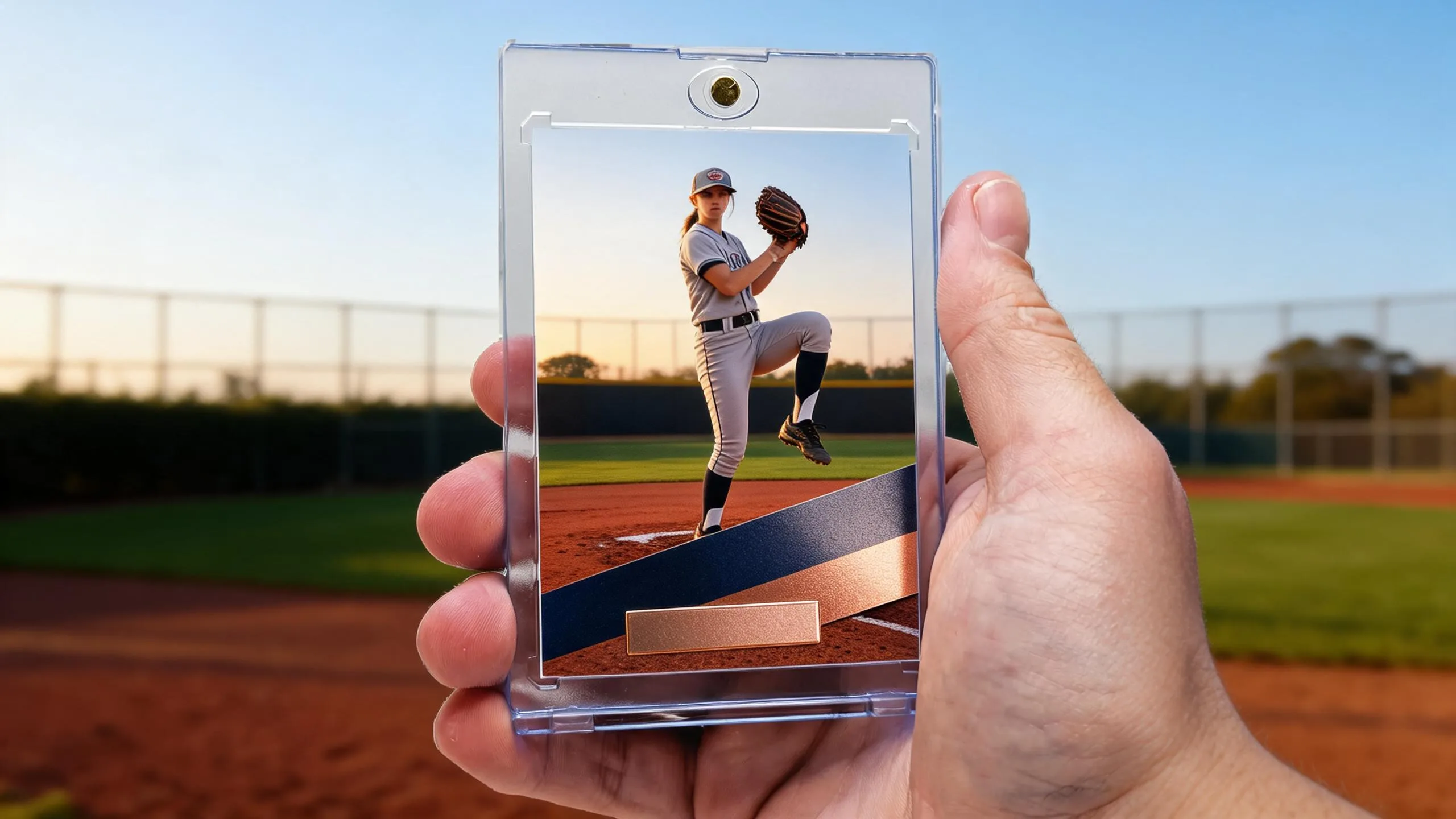 Hand holding magnetic case showing best baseball cards to buy right now, golden-hour ballpark background
