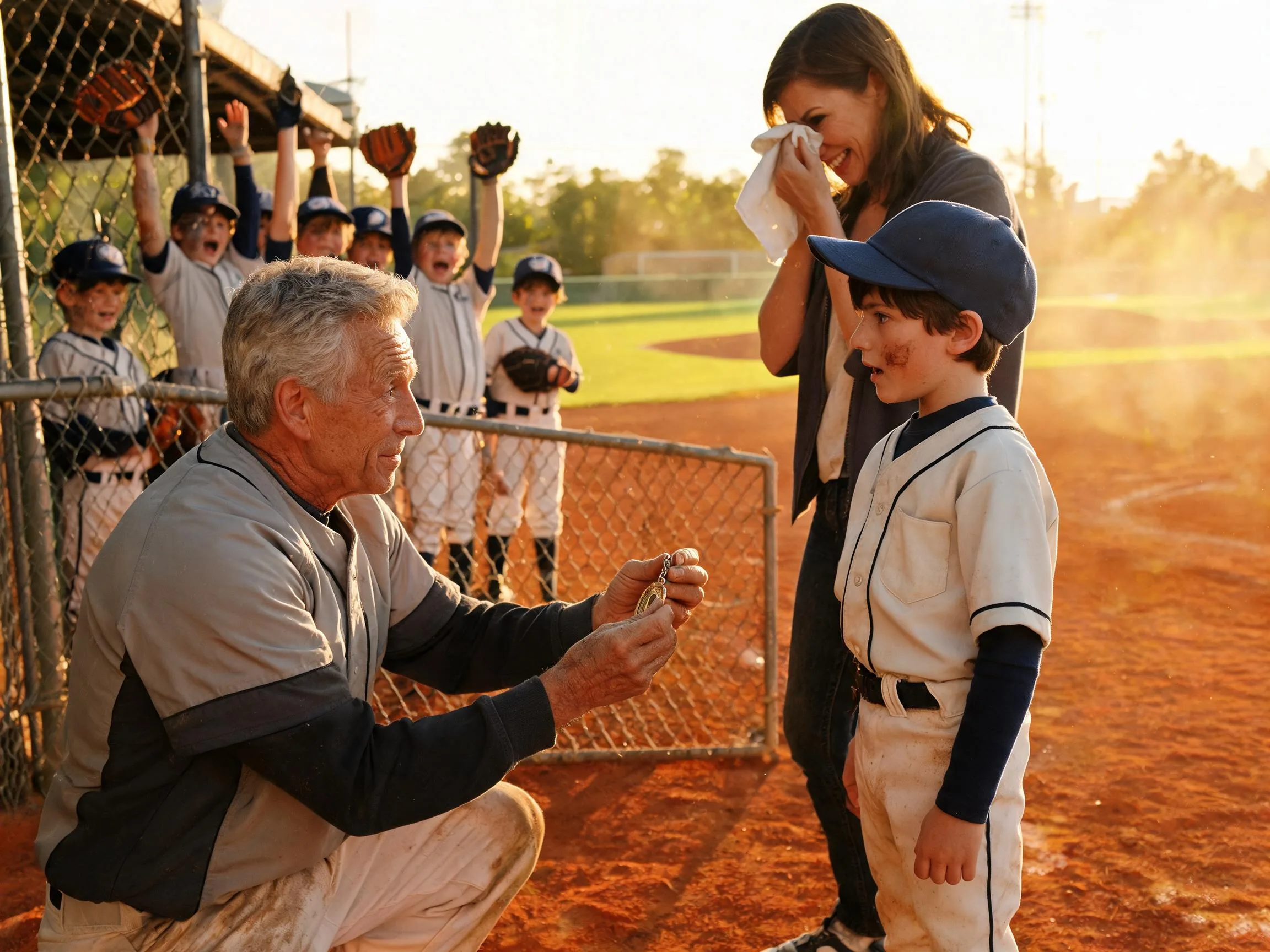 Coach and proud parent share emotional moment with young athlete on baseball diamond