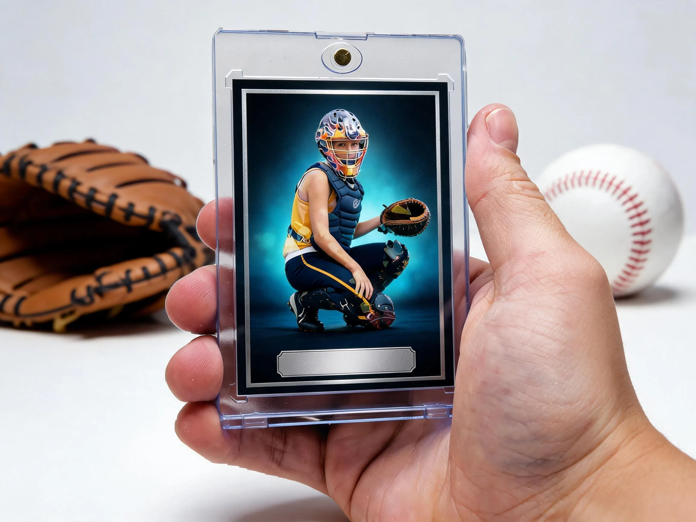 Custom baseball trading card of a catcher displayed in a clear magnetic protective case