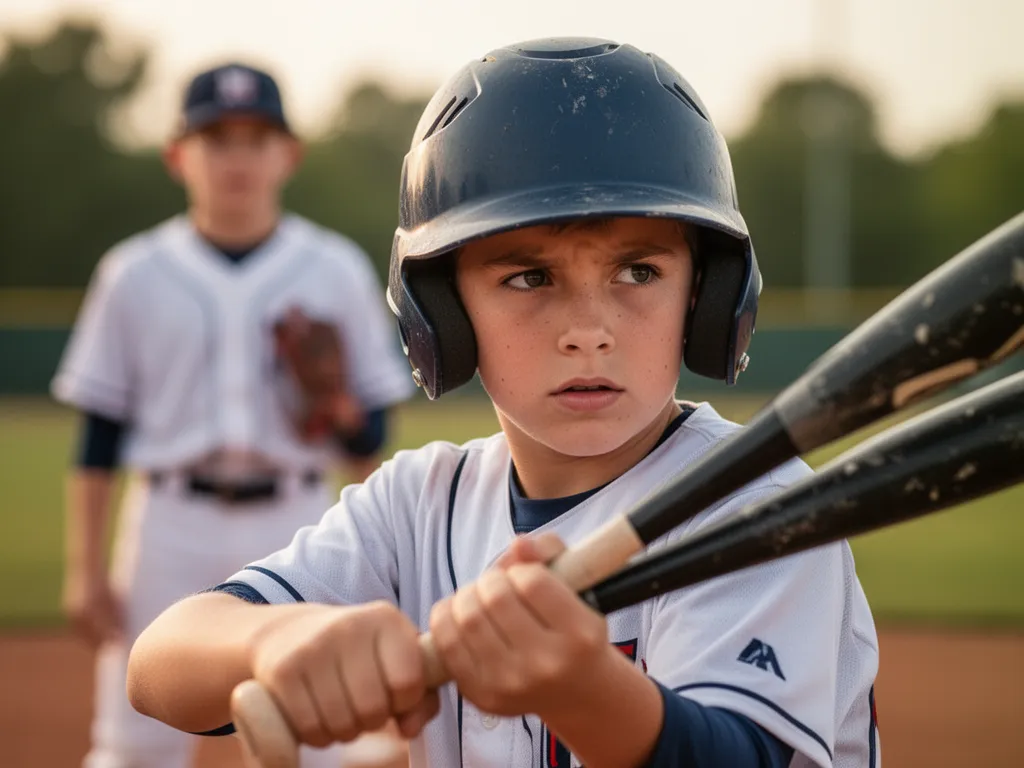 Young baseball player wearing helmet showing focused expression before batting at home plate