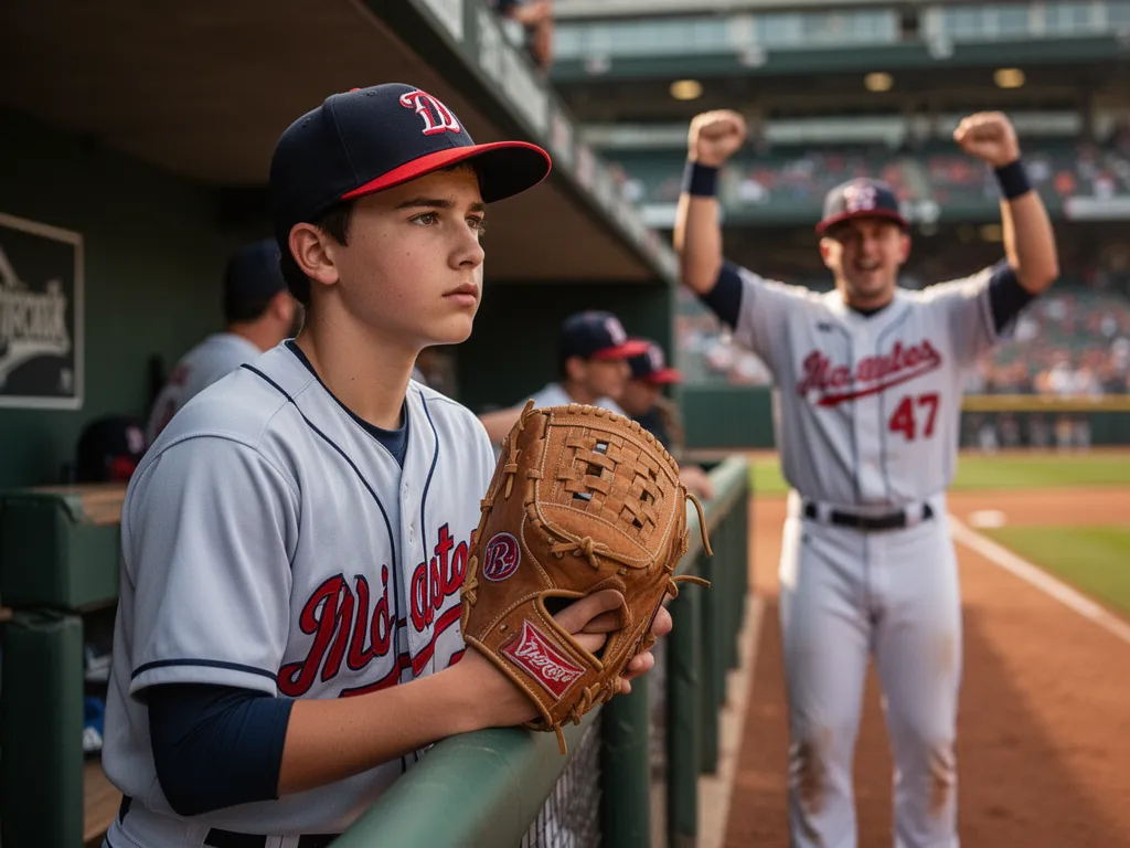 [young baseball player in dugout with focused expression holding glove, teammate celebrating]